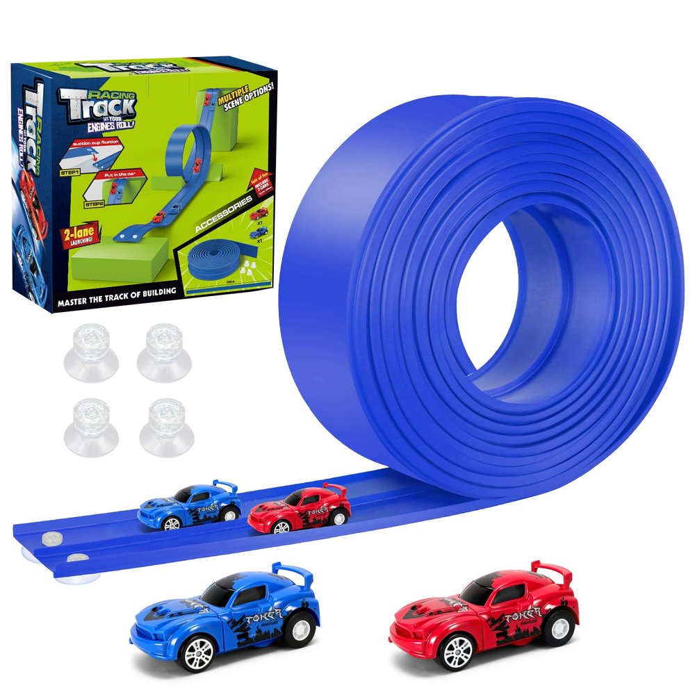 KETIEE Flex Tracks 16Ft for Kids: Flexible Race Car Ramp Track with 2 Small Racecars and 4 Suction Cups Compatible with Diecast 1/64th Cars, Rolls Up Portable Racetrack for Ages 3 & Up