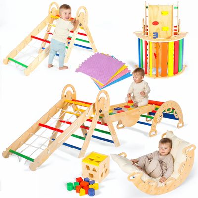 MEH Brands 8-in-1 Pikler Triangle Playset  Indoor Toddler Climber & Playground for Kids with Triangle, Arch and Rope Ladder  Rainbow
