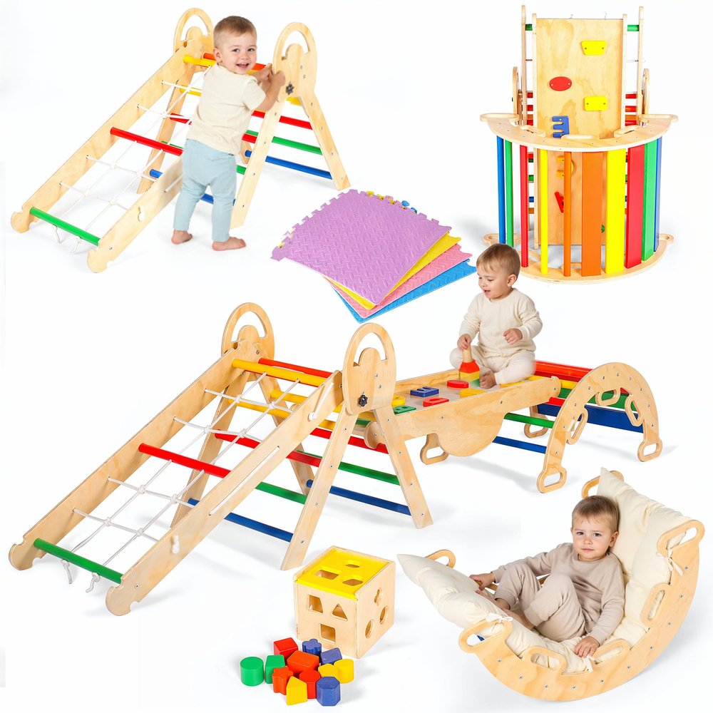 MEH Brands 8-in-1 Pikler Triangle Playset Indoor Toddler Climber & Playground for Kids with Triangle, Arch and Rope Ladder Rainbow