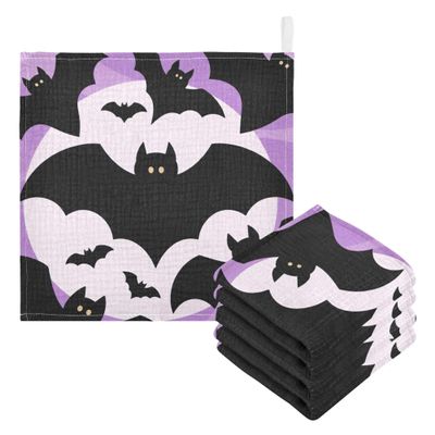 CUPADA 3 Pack Baby Washcloths Muslin Face Towels Bats Flying Against Purple Background Absorbent Soft Burp Wipe Towel Wash Wipes Infant Newborn Washcloth