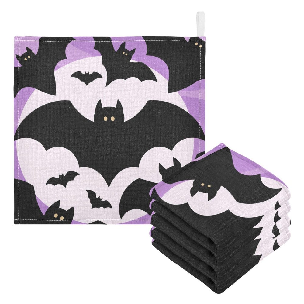 CUPADA 3 Pack Baby Washcloths Muslin Face Towels Bats Flying Against Purple Background Absorbent Soft Burp Wipe Towel Wash Wipes Infant Newborn Washcloth