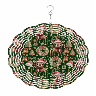 Wind Spinners, Winter Christmas Tree Deer Bells Xmas Hat Green Hanging Wind Spinners for Yard and Garden 3D Stainless Steel Metal Sculptures Crafts Ornaments 8 Inch