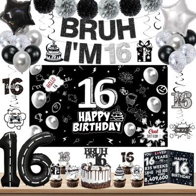 16th Birthday Party Supplies, Black 16th Birthdays Decorations for Boys and Girls Include 16th Birthday Cake Topper, Bruh I'm 16 Banner, Background, Balloons, Happy 16 Year Old Birthday Decorations