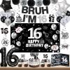 16th Birthday Party Supplies, Black 16th Birthdays Decorations for Boys and Girls Include 16th Birthday Cake Topper, Bruh I'm 16 Banner, Background, Balloons, Happy 16 Year Old Birthday Decorations view 1