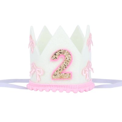 2nd Birthday Crown, Pink and White 2 Hat Bow Crown Second Two Years Old Celebration Headwear for Girls Party Accessory