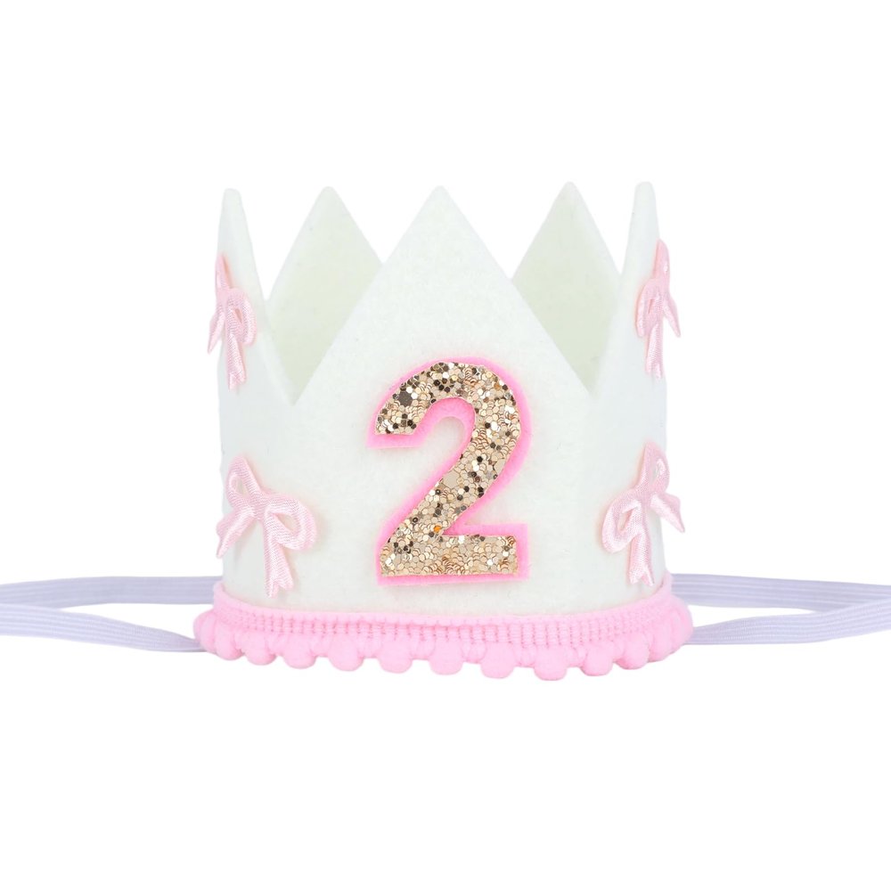 2nd Birthday Crown, Pink and White 2 Hat Bow Crown Second Two Years Old Celebration Headwear for Girls Party Accessory