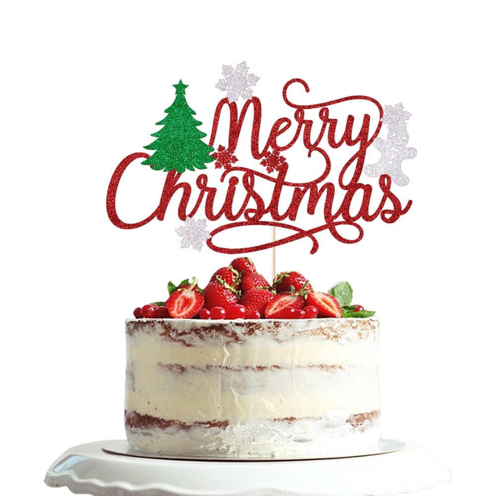 Dxsdgetue Merry Christmas Cake Topper, Red glitter Xmas Holiday Cake Decorations, for Winter, Santa, Happy New Year Party, Christmas Theme Gingerbread Man Party Cake Decorations