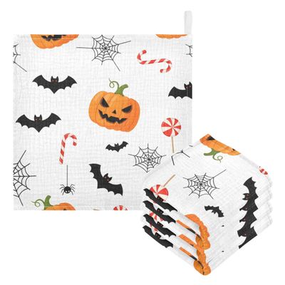 CUPADA 5 Pack Baby Washcloths Muslin Face Towels Halloween Themed Pattern Pumkins Absorbent Burp Wash Wipes Soft Towel for Newborn Infant
