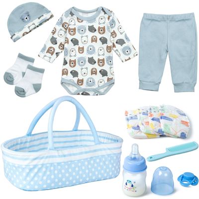 12 Pcs Set Reborn Baby Dolls Clothes with Blue Dot Bassinet for 17-22 Inch Reborn Baby Dolls,Bear Realistic Babydoll Accessories Outfit fit Newborn Babydoll Girl, Children Pretend Play Set
