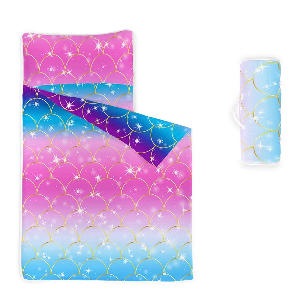 Axolotl Mermaid Nap Mat with Pillow and Blanket, Glitter Gradient Pink Blue Mermaid Slumber Bag, Sparkly Galaxy Sleep Mat for Teens, Roll up Portable Sleeping Bag for Traveling Camping, 60" L*21" W
