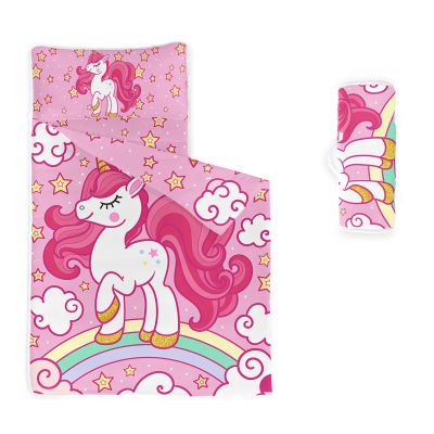 Axolotl Kawaii Unicorn Nap Mat with Pillow and Blanket, Pink Cartoon Unicorn with Rainbow Slumber Bag, Glitter Stars and Cloud Sleep Mat for Teens, Cute Horse Roll up Sleeping Bag, 50" L*21" W