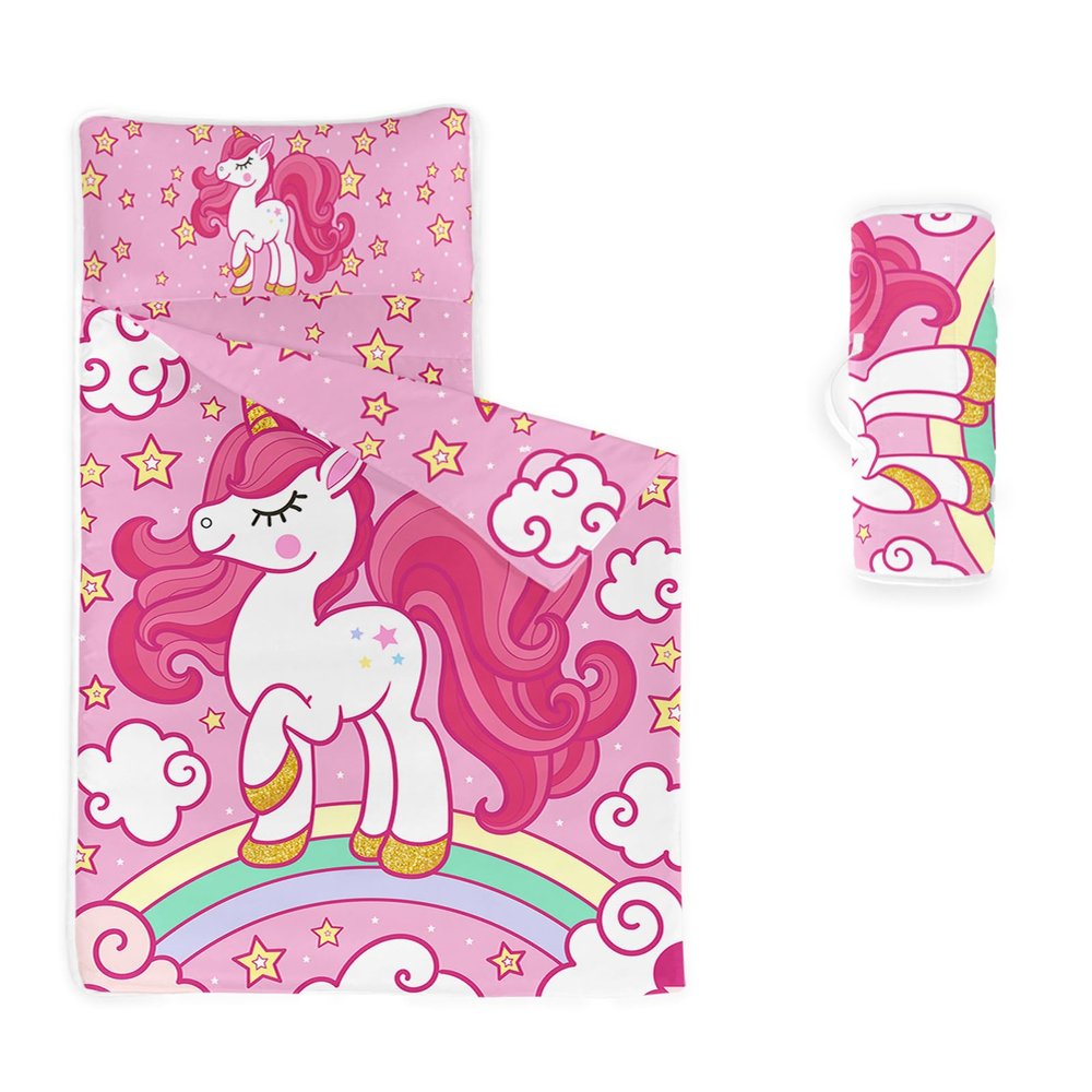 Axolotl Kawaii Unicorn Nap Mat with Pillow and Blanket, Pink Cartoon Unicorn with Rainbow Slumber Bag, Glitter Stars and Cloud Sleep Mat for Teens, Cute Horse Roll up Sleeping Bag, 50" L*21" W