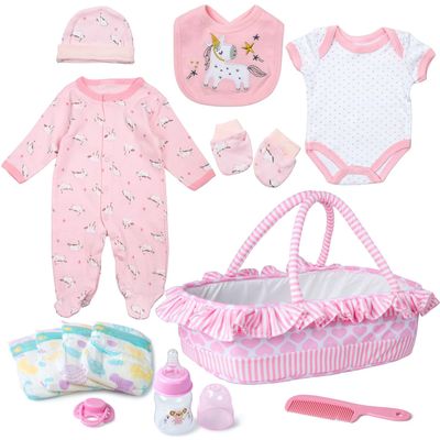 13 Pcs Set Reborn Baby Dolls Clothes with Pink Love Bassinet for 17-22 Inch Reborn Baby Dolls,Unicorn Realistic Babydoll Accessories Outfit fit Newborn Babydoll Girl, Children Pretend Play Set