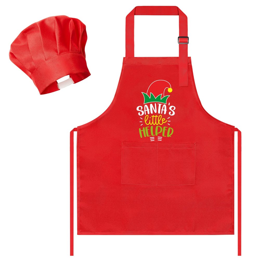 R HORSE Kid Apron and Chef Hat Set - 2Pcs Xmas Red Santas Little Helper Adjustable Children Kitchen Toddler Apron with Pockets Pretend Play Toy for Kid Cooking Baking Painting