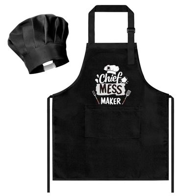 R HORSE Kid Apron and Chef Hat Set - 2Pcs Black Chief Mess Maker Adjustable Children Kitchen Toddler Apron with Pockets, Pretend Play Toy Birthday Christmas Gift for Kids Cooking Baking Painting