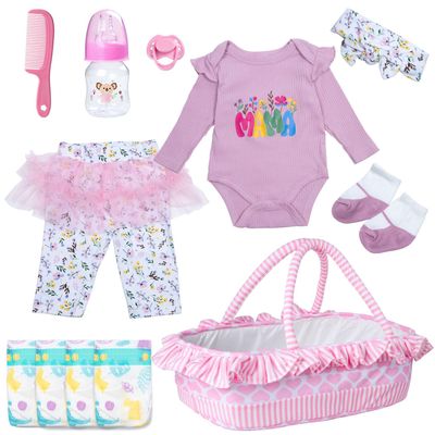 12 Pcs Set Reborn Baby Dolls Clothes with Pink Love Bassinet for 17-22 Inch Reborn Dolls,Flower Realistic Babydoll Accessories Outfit fit Newborn Babydoll Girl, Children Pretend Play Set