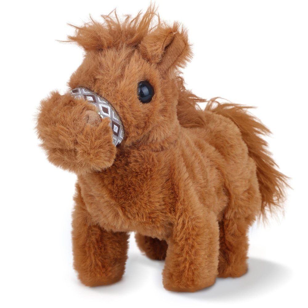 Comnonage Walking Pony Toy, Interactive Horse Plush Toy Stuffed Animal with Sound Shaking Tail, 7'' Cute Tummy Time Toys Walking Horse Plushie Christmas Birthday Gifts for Toddlers & Kids, Brown