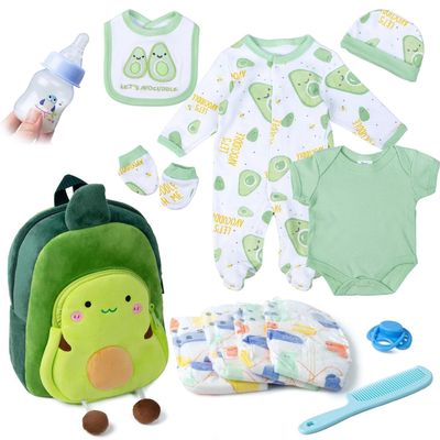13 Pcs Reborn Baby Doll Clothes Boy Green Outfits Accessories for 17-22 Inch Reborn Doll Clothes Newborn Baby Accessories Set with Avocado Backpack