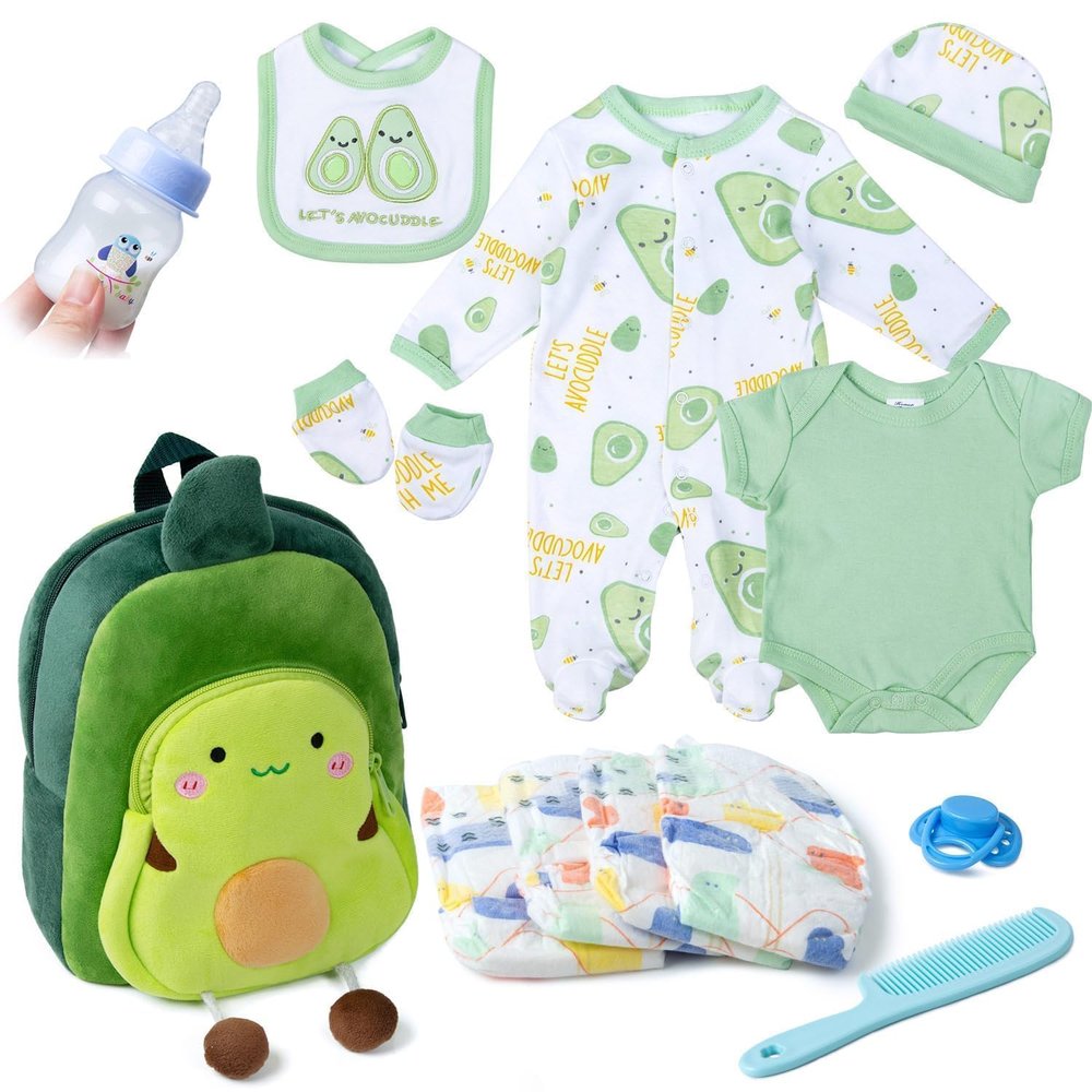 13 Pcs Reborn Baby Doll Clothes Boy Green Outfits Accessories for 17-22 Inch Reborn Doll Clothes Newborn Baby Accessories Set with Avocado Backpack