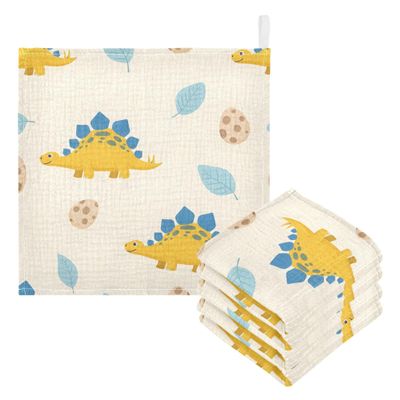 CUPADA 5 Pack Baby Washcloths Muslin Face Towels Cute Dinosaurs with Leaves Eggs Absorbent Burp Wash Wipes Soft Towel for Newborn Infant