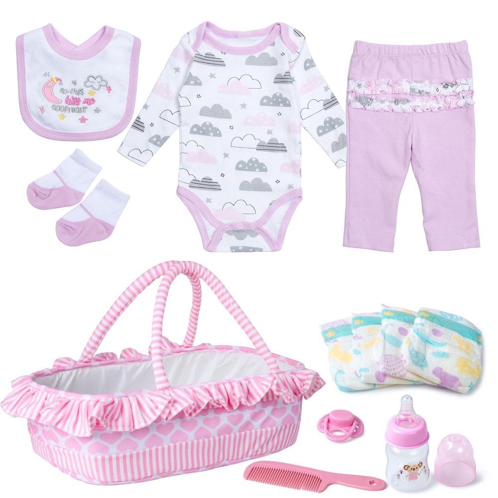 12 Pcs Reborn Baby Doll Clothes Accessories with Bassinet for 17-22 inch Newborn Babydolls Girl Reborn Dolls Accessories Pink Outfit Gift Set
