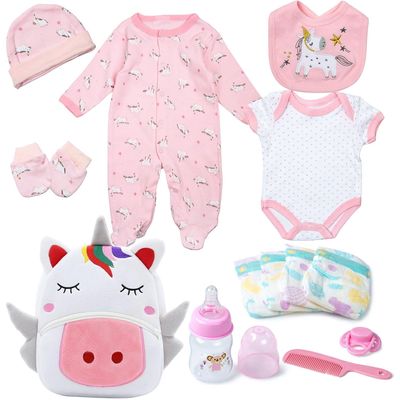 13 Pcs Reborn Baby Doll Clothes Pink Outfit Accessories for 17-22 Inches Babydolls Reborn Girl Doll Clothes Newborn Baby Accessories Set with Unicorn Backpack