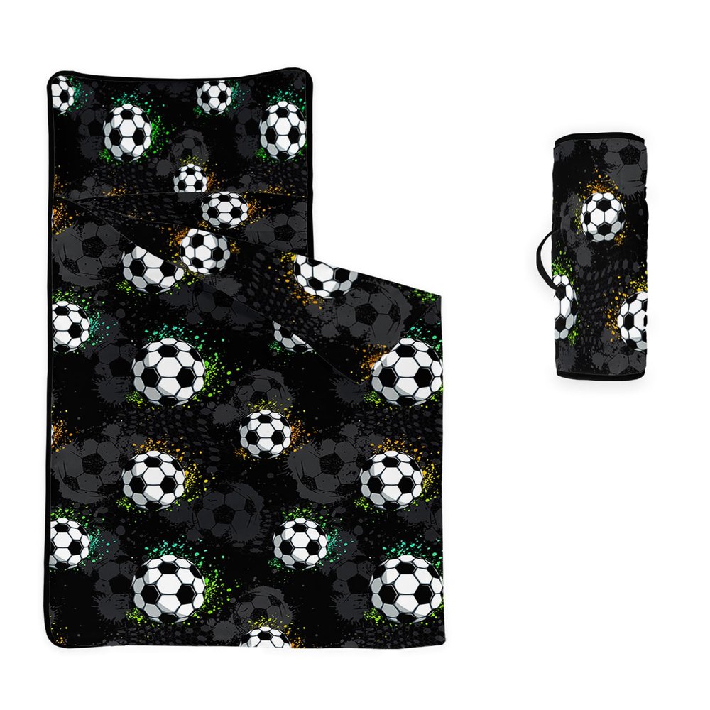 Axolotl Soccer Nap Mat with Pillow and Blanket, Football Sleeping Mat for Ball Gamer, Black and White Sports Soccer Slumber Bag for Teens, 3D Ball Gaming Sports Roll up Sleeping Bag, 50" L*21" W