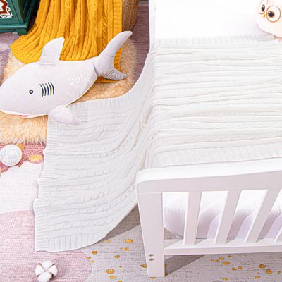 100% Cotton Cable Knit Toddler Blanket, 30x40 Inches Soft and Warm Baby Blanket for Crib, Stroller, Nursery, and Travel, Breathable Newborn Blanket, White