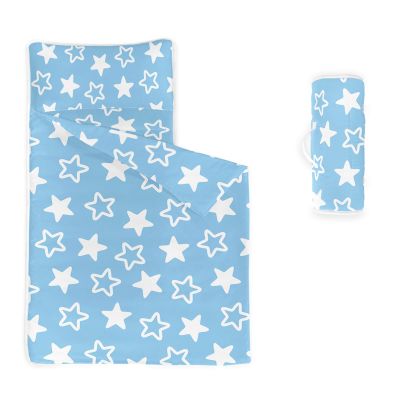 Axolotl Stars Nap Mat with Pillow and Blanket, Blue and White Stars Slumber Bag, Kawaii Star Sleeping Mat for Teens, Cute Roll up Portable Sleeping Bag for Traveling Camping, 50" L*21" W