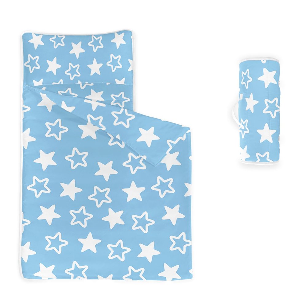 Axolotl Stars Nap Mat with Pillow and Blanket, Blue and White Stars Slumber Bag, Kawaii Star Sleeping Mat for Teens, Cute Roll up Portable Sleeping Bag for Traveling Camping, 50" L*21" W