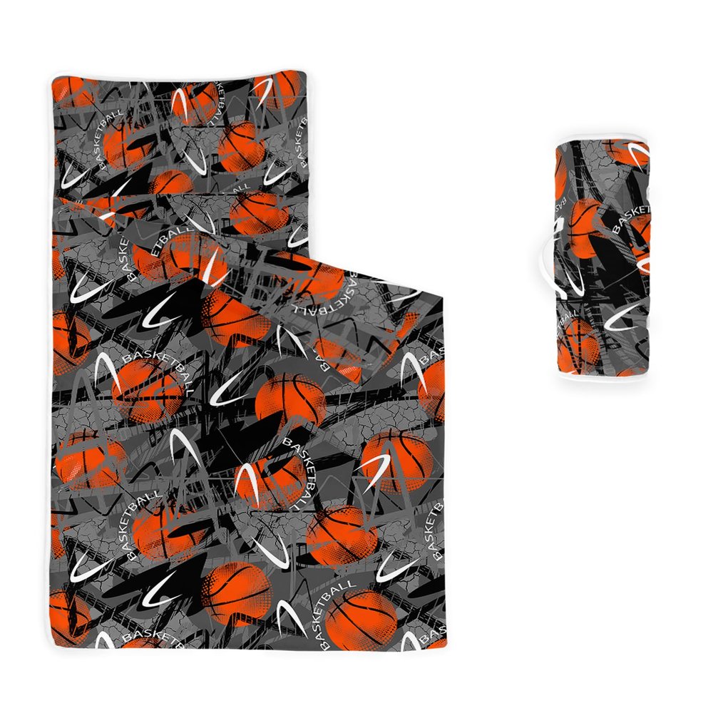 Axolotl Basketball Nap Mat with Pillow and Blanket, Grey Orange Basketball Slumber Bag, Hand Drawn Graffiti Rolled Sleeping Mat for Teens, Ball Game Sports Sleeping Bag for Traveling, 50" L*21" W
