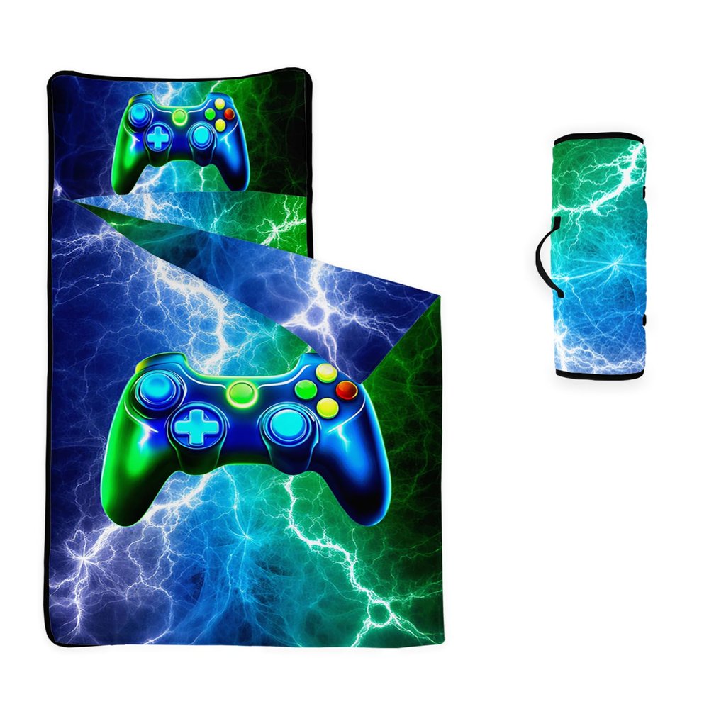 Axolotl Game Console Nap Mat with Pillow and Blanket, 3D Cool Gaming Gamepad Rolled Napping Mat, Gamer Gamepad Slumber Bag for Teens, Blue Green Lightning Sleeping Bag for Travel Camping, 50" L*21" W