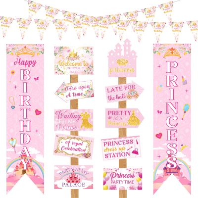 14 Pcs Princess Birthday Party Decorations Pink Princess Door Banner Triangle Flags Welcome Princess Yard Signs for Girls Castle Backdrop Photo Props Party Supplies