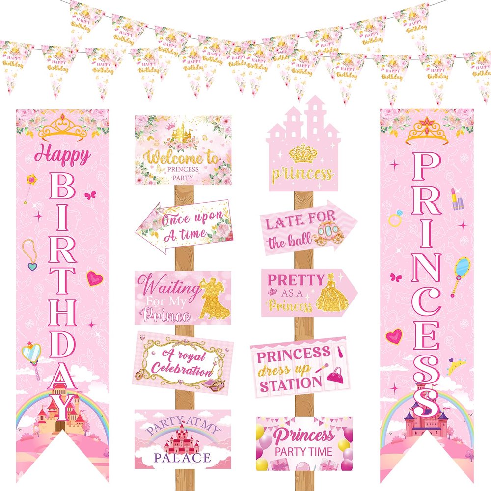 14 Pcs Princess Birthday Party Decorations Pink Princess Door Banner Triangle Flags Welcome Princess Yard Signs for Girls Castle Backdrop Photo Props Party Supplies