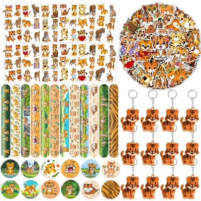 102 PCS Tiger Party Favors, Tiger Temporary Tattoos Slap Bracelets Keychains Stickers Badges for Jungle Safari Tiger Party Favors Birthday Party Decorations Supplies Gifts for Classroom Rewards