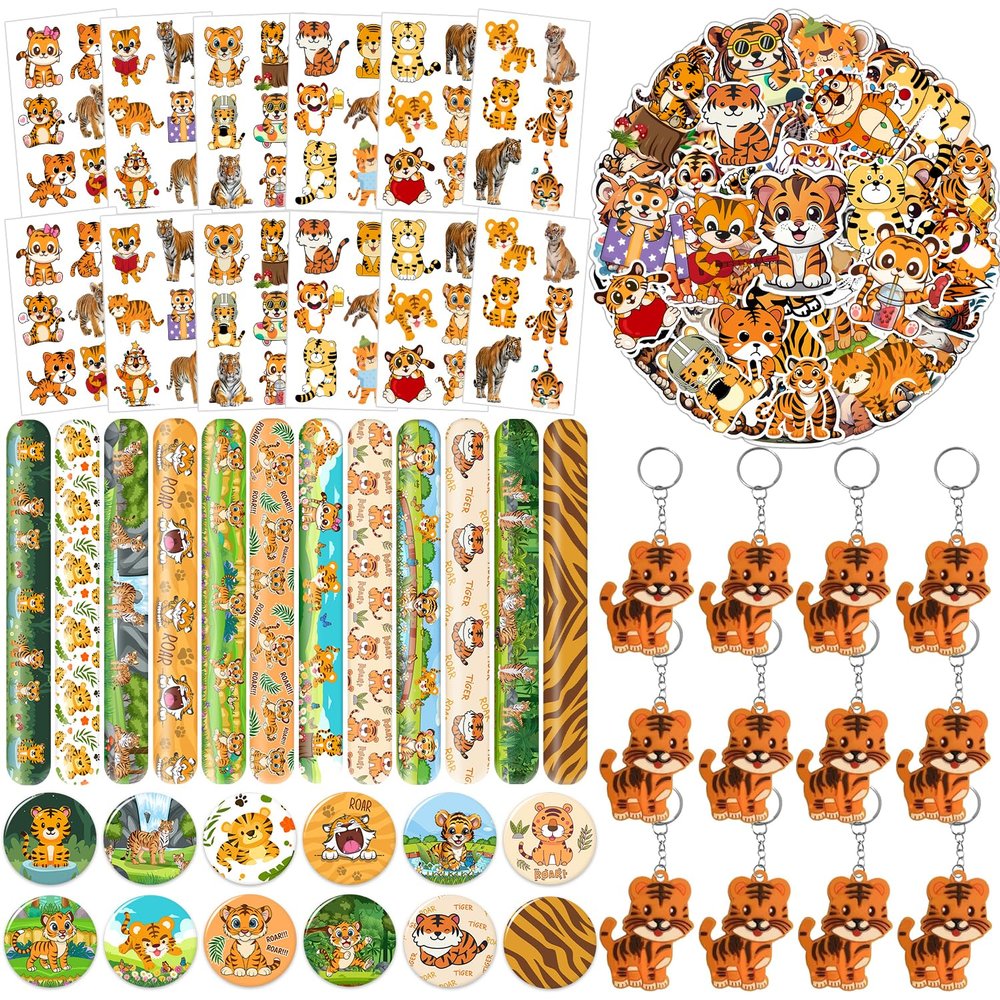 102 PCS Tiger Party Favors, Tiger Temporary Tattoos Slap Bracelets Keychains Stickers Badges for Jungle Safari Tiger Party Favors Birthday Party Decorations Supplies Gifts for Classroom Rewards