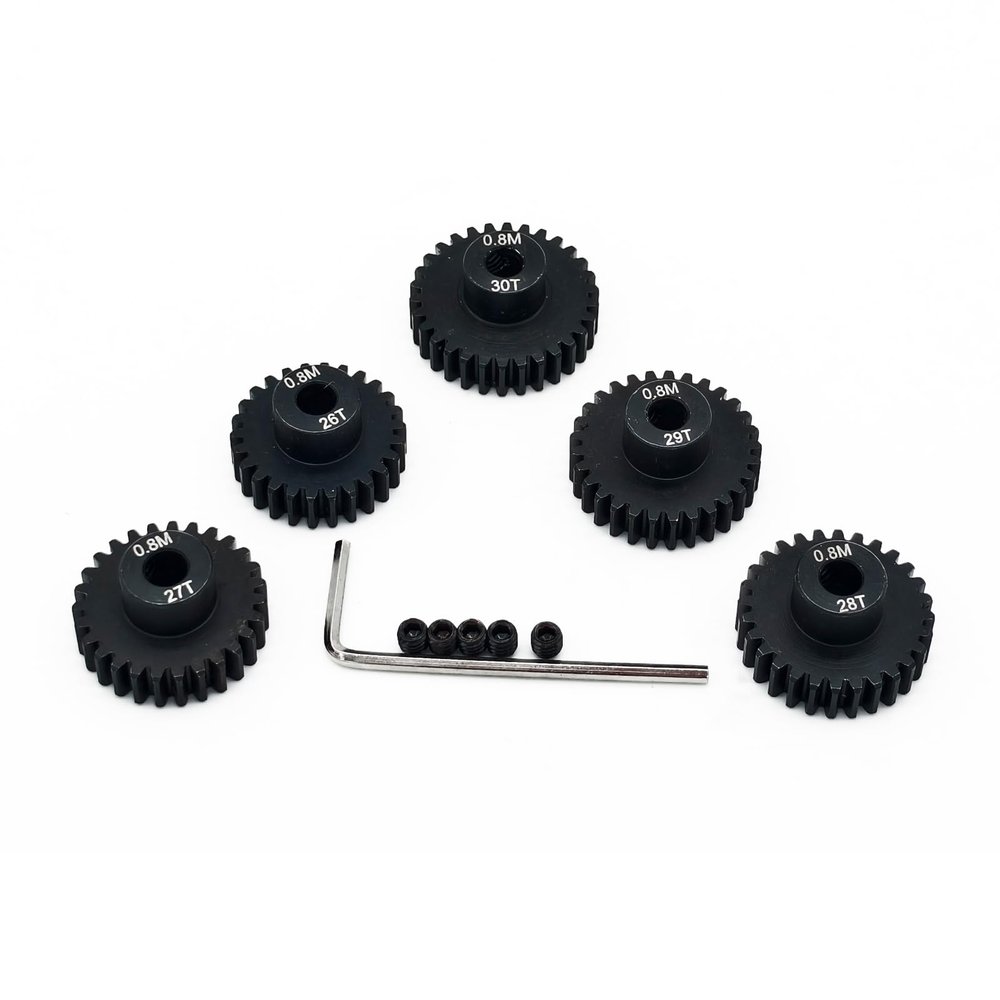 0.8M Hardened Steel Pinion Gear Set 1/8 inch 5mm Hole 26T 27T 28T 29T 30T with Hex Key for RC Brushless Brush Motor RC Car Upgrade