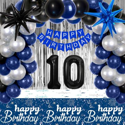 10th Birthday Decorations for Boys Girls, Blue Silver Happy 10th Birthday Decorations with 10th HAPPY BIRTHDAY Banner Tablecloth Garland Balloons Fringe Curtain, 10 Year Old Boy Party Decor Supplies