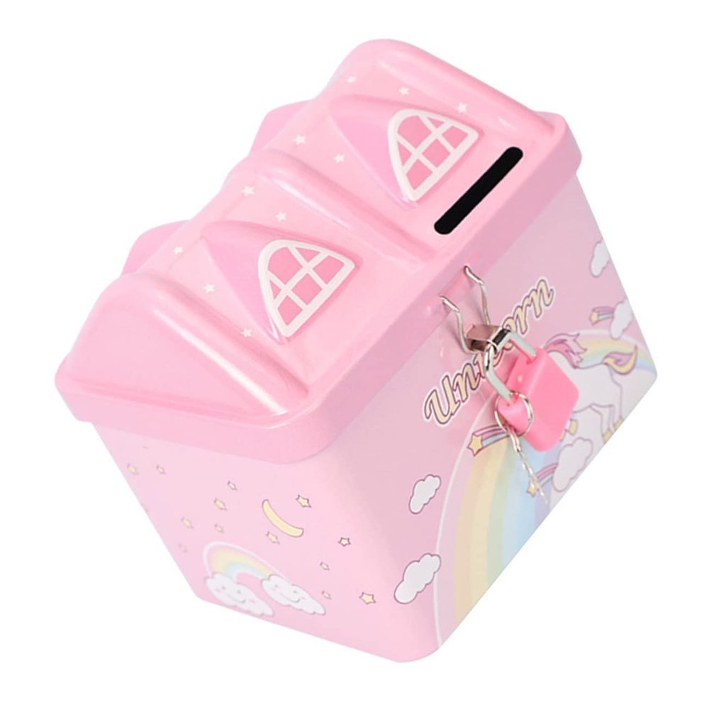 Abaodam Cartoon House Shaped Tinplate Piggy Bank with Lock for Money Saving Pot and Home Decoration Metal Coin Container for Boys and Birthday Gift Adornment