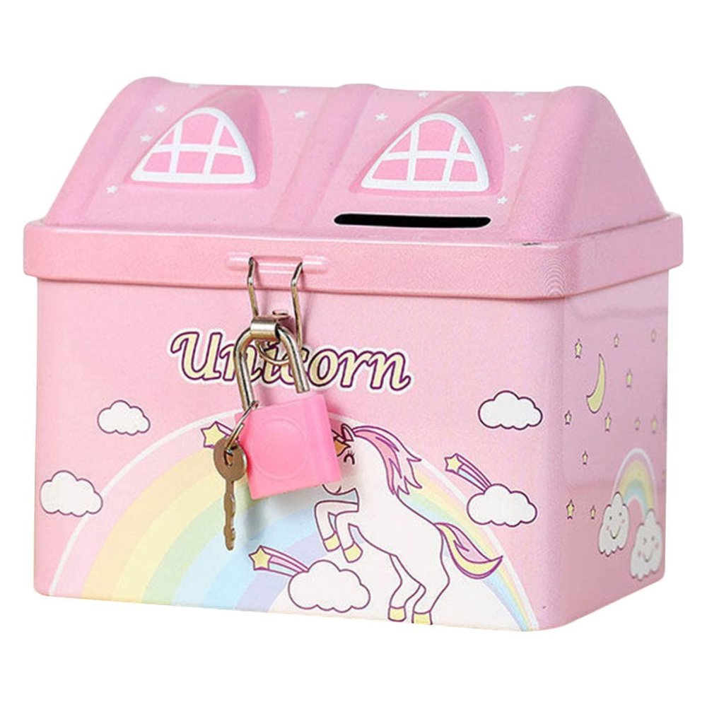 Abaodam Unicorn House Shaped Tinplate Money Saving Jar with Lock for Cute Piggy Bank Girl Boys Coin Organizer and Home Decoration Gift Metal Cash Safe for Birthday Present