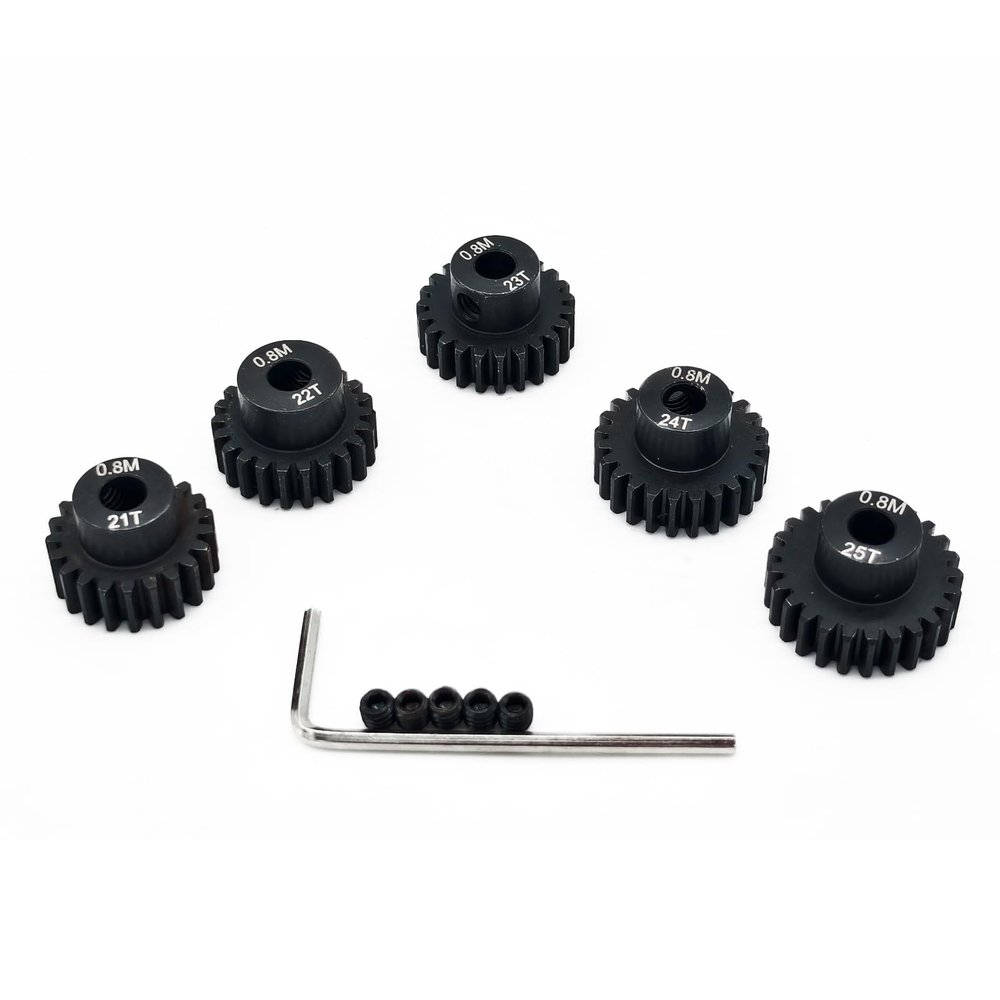 0.8M Hardened Steel Pinion Gear Set 1/8 inch 5mm Hole 21T 22T 23T 24T 25T with Hex Key for RC Brushless Brush Motor RC Car Upgrade