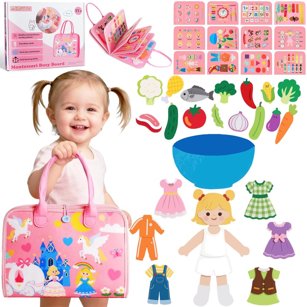 13-Page Baby Busy Book for Toddlers 1-3, Montessori Busy Board Toys for Toddlers 2 3 4 Year Old Boys & Girls, Educational Activities to Learn Fine Motor Skills, Portable Travel Toys for Airplane & Car