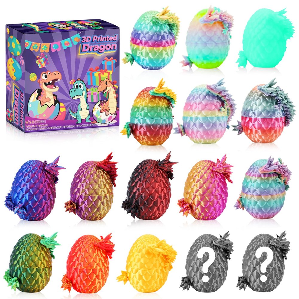 16 Pcs 3D Printed Dragon Eggs with Dragon Inside, Mini Dragon Egg Fidget Toy 3D Articulated Crystal Dragon Eggs, Easter Basket Stuffers 3D Printed Easter Eggs Animals Toy Set (16 Pcs)