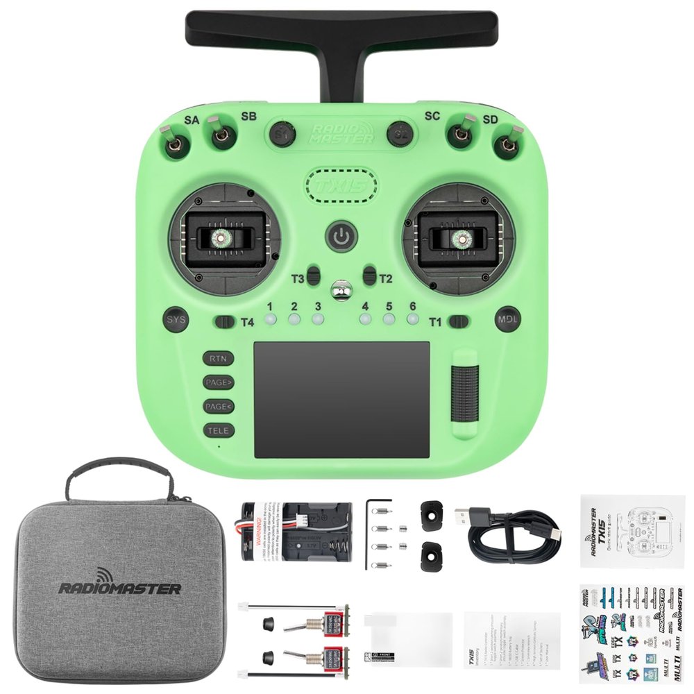 HTLNUZD RadioMaster TX15 V5.0 16CH ELRS RC Transmitter - 3.5" IPS Touchscreen, Hall Gimbals, LR1121, Gyro, Mic, OpenTX/EdgeTX for FPV Mode 2 (Green-TX15)