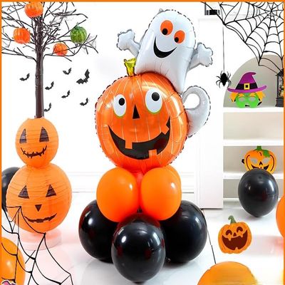 10pcs 12inch Black Orange Latex Balloons Party Theme Halloween Balloons Decor for Baby Shower Wedding Anniversary Halloween Baby Birthday Party Decorations (Funny Pumpkin with White Ghost)