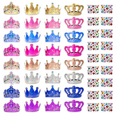 50 Pcs Foam Crowns Colorful Kids Princess Tiaras Crowns Bulk with 2 Styles DIY Diamond Sticker Making Kits for Kids Birthday Party Supplies