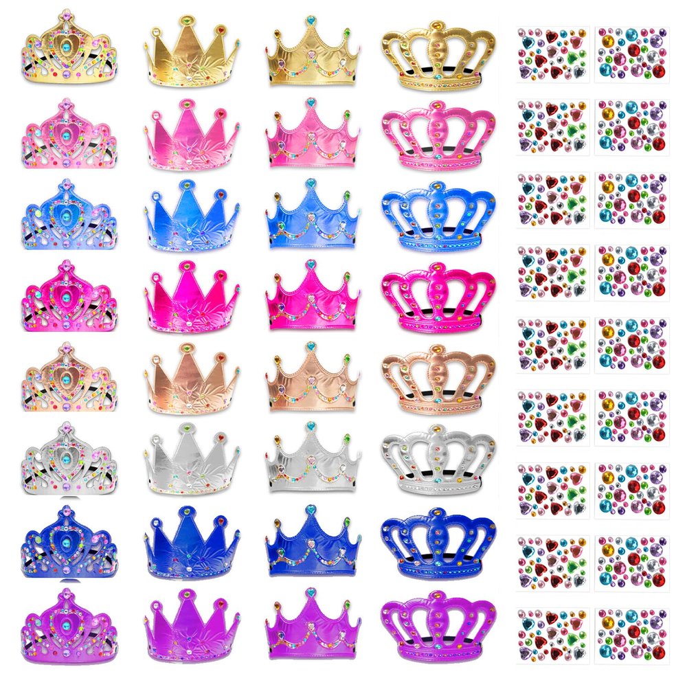50 Pcs Foam Crowns Colorful Kids Princess Tiaras Crowns Bulk with 2 Styles DIY Diamond Sticker Making Kits for Kids Birthday Party Supplies