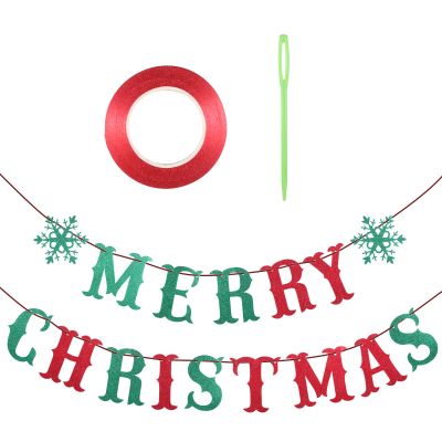1 Set Merry Christmas Banner, Glitter Red and Green Christmas Decor with Snowflake Decorations, Merry Christmas Decorations for Wall Fireplace Decor Home Outdoor Indoor Holiday Party Decorations