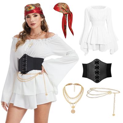 DARFULA Pirate Costume Women Dress White Pirate Dress with Corset Necklace Bandana Headscarf Accessories (White, Large)