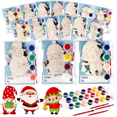 24 Sets Christmas Crafts for Kids Santa Claus Snowman Elf Party Favors Reindeer Wooden Painting Craft Kits Christmas Party Activities for Kids Winter Craft Supplies Merry Xmas Cards Birthday Gift Bulk